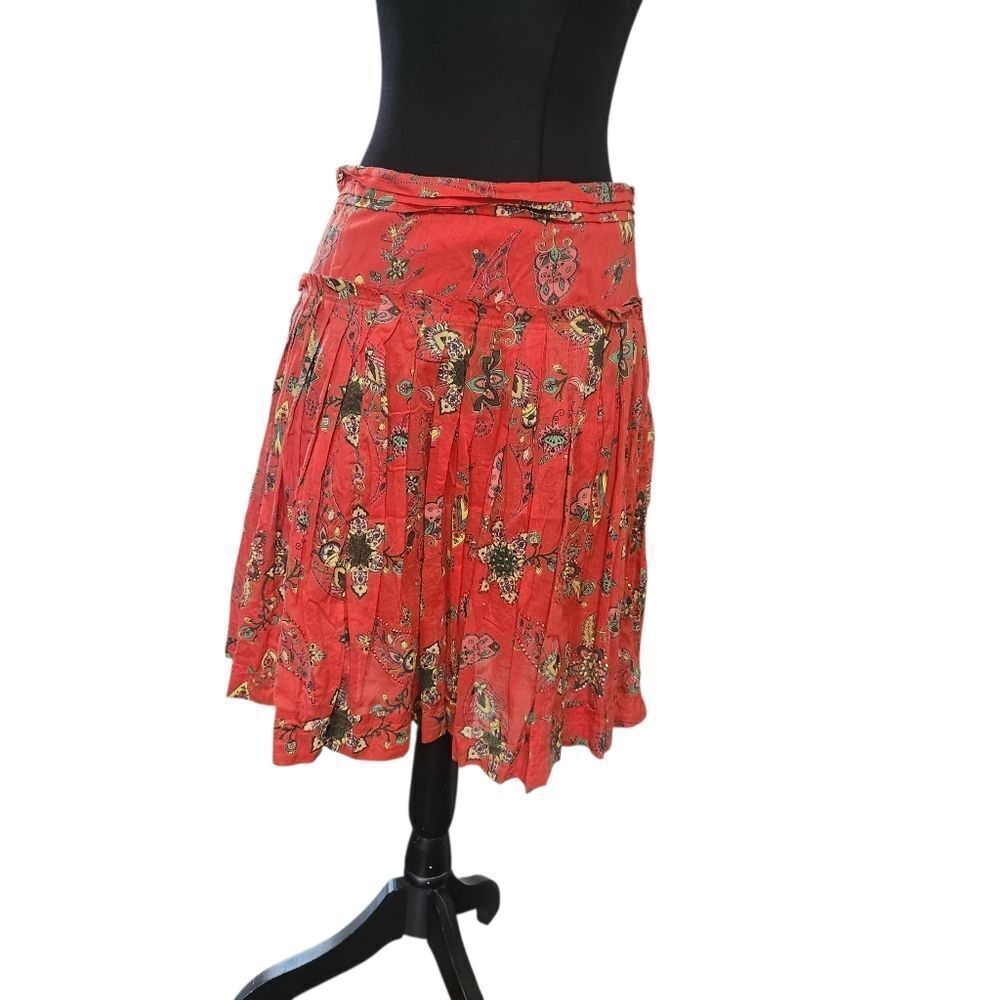 New Look Circle Skirt Size 10 Red Floral Short 100% Cotton Boho Skater